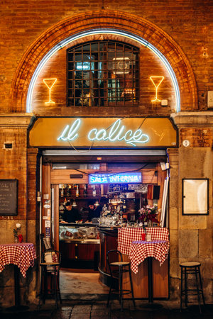 Bologna, Italy - October 6, 2024: The facade of the cozy bar "Il Calice" in the center of Bolognaのeditorial素材