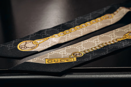 Bologna, Italy - October 6, 2024: Silk twilly scarf Versace in boutiqueのeditorial素材