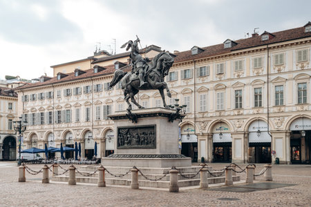 Turin, Italy - October 6, 2024: Piazza San Carlo, previously known as Piazza Reale, Piazza d'Armi, and Place Napoleon, one of the main city squares in Turin, Italyのeditorial素材