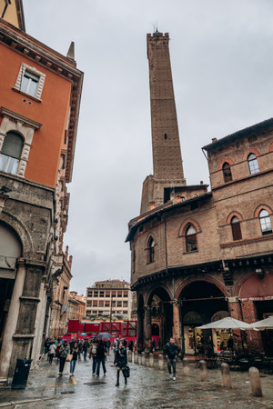 Bologna, Italy - October 6, 2024: The Towers of Bologna, a group of medieval structures in Bologna, Italy. The two most prominent ones remaining, Asinelli and Garisenda, are a landmark of the city.のeditorial素材