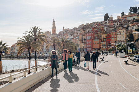 Menton, France - 6 January, 2024: Lovely town center in Menton, south of Franceのeditorial素材