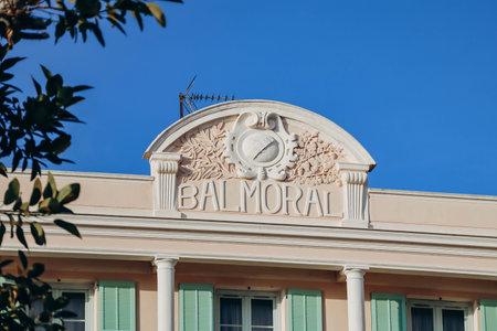 Menton, France - 6 January, 2024: Facade of the Balmoral hotel, located in the heart of the historic centre of Menton, on the Promenade du Soleil.のeditorial素材