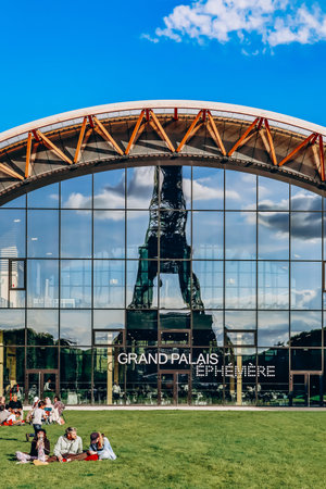 Paris, France - July 15, 2021: Grand Palais Ephemere in front of the Eiffel towerのeditorial素材
