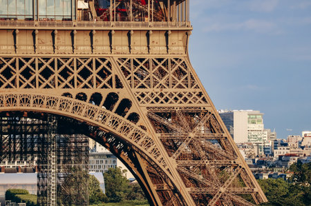Paris, France - 15 July 2021: Close-up of a fragment of the Eiffel Tower during the golden hourのeditorial素材