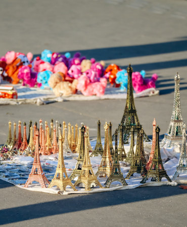 Paris, France - 15 July 2021: Souvenir Eiffel Tower figurines on the pavement in Parisのeditorial素材