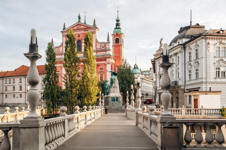The Triple Bridge in the center of Ljubljana, built in 1842の写真素材