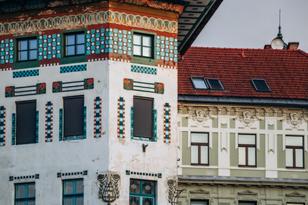 Ljubljana, Slovenia - August 14, 2024: Hauptmann House, built in 1873 and rebuilt in 1904 in the Viennese Secession style, fashionable at the time.の写真素材