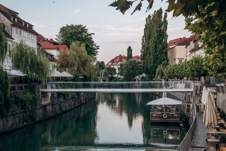 Ljubljana, Slovenia - August 14, 2024: Wonderful and charming city center of Ljubljana, the capital of Sloveniaの写真素材