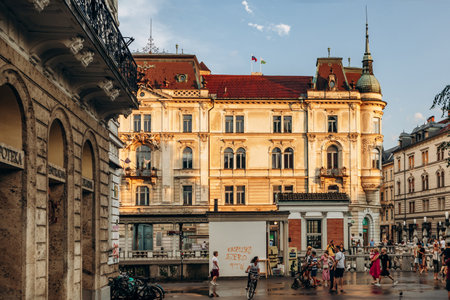 Ljubljana, Slovenia - August 14, 2024: Wonderful and charming city center of Ljubljana, the capital of Sloveniaのeditorial素材