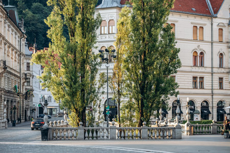 Ljubljana, Slovenia - August 14, 2024: Preseren Square, the central square in Ljubljana. It is part of the old town pedestrian zone and a major meeting pointのeditorial素材