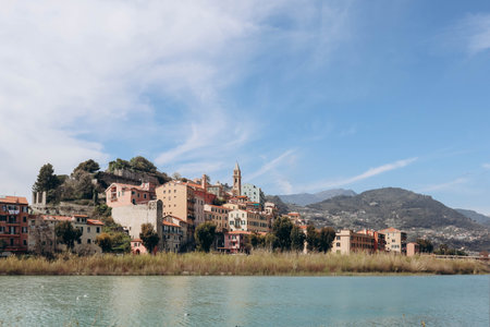 View of the old town of Ventimiglia in Italy on Saturday morningの写真素材