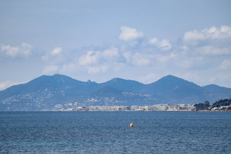 View of the sea and mountains from Juan les Pins, on the French Rivieraの写真素材