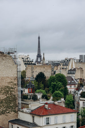 View of the Parisian rooftops and the Eiffel Tower from the 16th arrondissement of Parisの写真素材