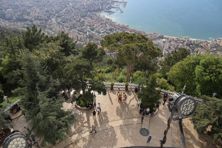 Harissa, Lebanon â 24.04.2023: View from the The Shrine of Our Lady of Lebanon to Harissa and the neighboring coastal citiesのeditorial素材