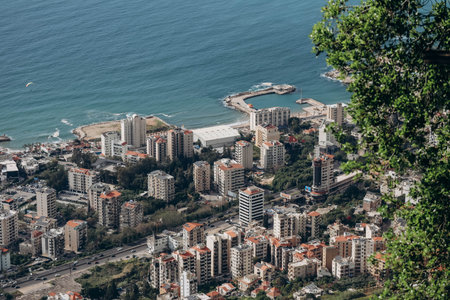 View from the village of Harissa to neighboring coastal cities in Lebanonの写真素材