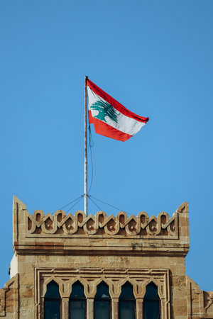 The Lebanese flag in the center of Beirut fluttering in the wind