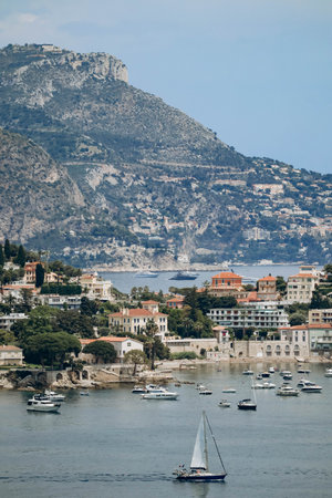 View of Villefranche sur Mer and the beginning of the Saint Jean Cap Ferrat peninsula on the French Rivieraの写真素材