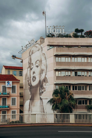 Cannes, France - 30 June 2023: Famous view of Cannes with Marilyn Monroe picture at the hotel wallのeditorial素材