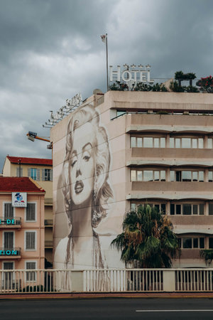 Cannes, France - 30 June 2023: Famous view of Cannes with Marilyn Monroe picture at the hotel wallのeditorial素材