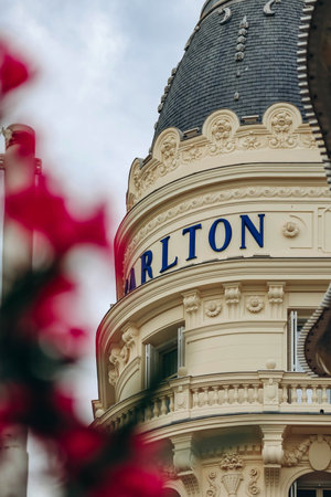Cannes, France - 30 June 2023: Close-up of the facade of Carlton hotel in Cannesのeditorial素材