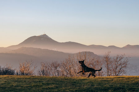 View of the Puy de Dome volcano from Plateau de Gergovie at winter sunset