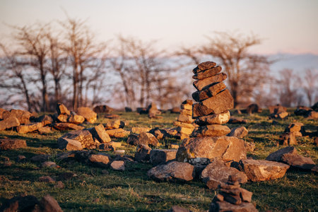Landscape on Plateau de Gergovie near Clermont-Ferrand on a winter sunsetの写真素材