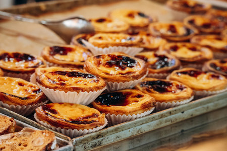 Close-up of Pastel de nata (Portuguese: pasteis de nata), a famous Portuguese egg custard tart...