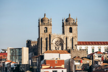 Evening view of the Porto Cathedral from Miradouro da Vitoriaの写真素材