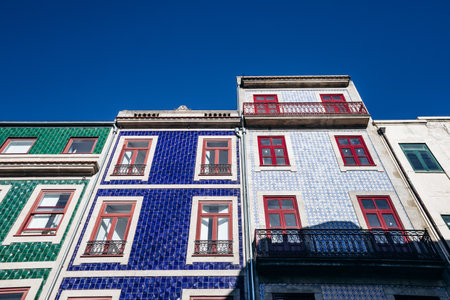 Close-up of a facade in Porto covered with traditional ceramic tiles (azulejos)の写真素材