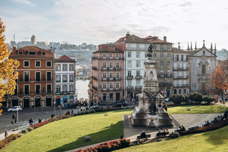 Porto, Portugal - December 28, 2024: Jardim do Infante Dom Henrique, garden named after Prince Henry the Navigator depicted in the elevated statueのeditorial素材
