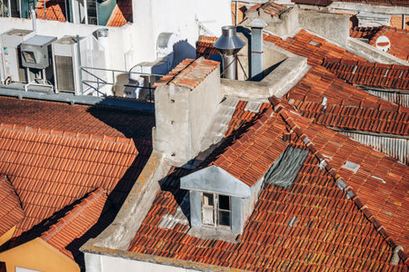 Lisbon, Portugal - January 2, 2025: Close-up view of Lisbon's mansards and rooftops from the Santa...