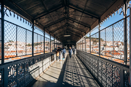 Lisbon, Portugal - January 2, 2025: The observation deck at the top of the Santa Justa Lift, also known as the Carmo Lift, offering breathtaking views of Lisbonの写真素材