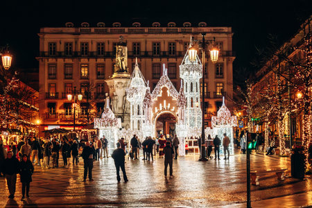 Lisbon, Portugal - January 2, 2025: Lisbon city center illuminated by Christmas decorations in the...
