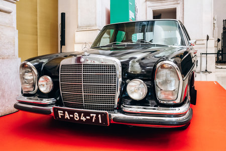 Lisbon, Portugal - March 15, 2025: A front view of a black Mercedes-Benz car in the Money Museum,...