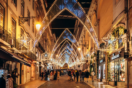 Lisbon, Portugal - January 2, 2025: Lisbon city center illuminated by Christmas decorations in the...