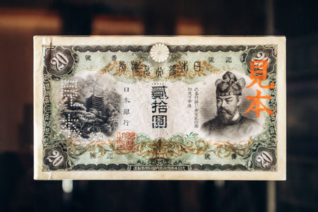 Lisbon, Portugal - January 2, 2025: An old Japanese banknote from the early 20th century, displaying...