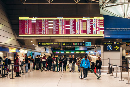 Lisbon, Portugal - January 2, 2025: Inside Lisbon Airport's departure area