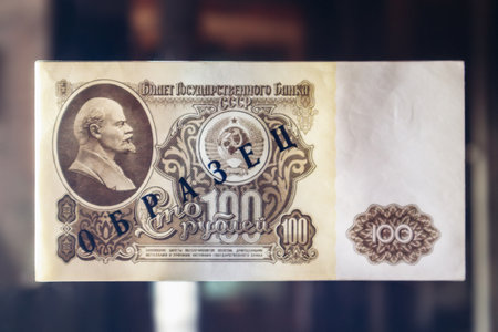 Lisbon, Portugal - January 2, 2025: A Soviet 100 ruble banknote with a portrait of Lenin, marked as...