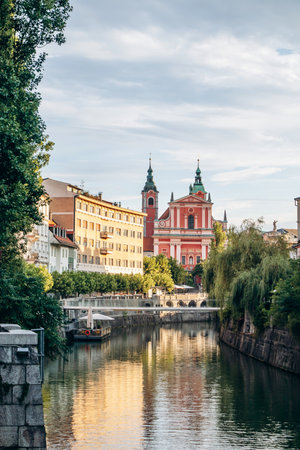 Ljubljana, Slovenia - August 15, 2024: Charming and beautiful city center of Ljubljana at dawn, with soft morning light and peaceful atmosphereの写真素材