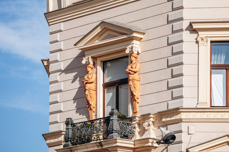 A close-up view of the architectural details on a building in Ljubljanaの写真素材