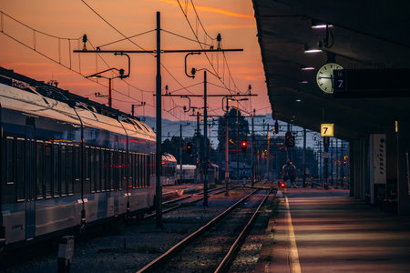 Ljubljana, Slovenia - August 15, 2024: Slovenian train at the railway station in central Ljubljana,...