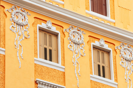 Details of historic architecture in the center of Trieste, showcasing ornate facades and classical European designの写真素材