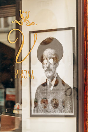 Trieste, Italy - August 18, 2024: Photograph of James Joyce displayed in a shop window in Trieste,...