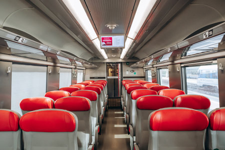 Trieste, Italy - August 18, 2024: Inside an Italian Frecciarossa high-speed train, featuring modern...