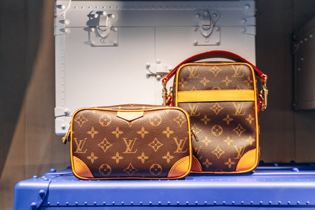 Nice, France - January 26, 2025: Louis Vuitton bags displayed in the window of a boutique in Nice,...