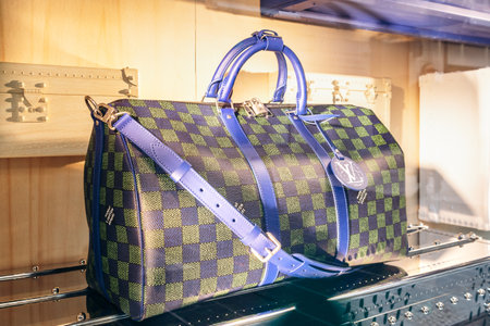 Nice, France - January 26, 2025: Large Louis Vuitton bag displayed in the window of a boutique in...