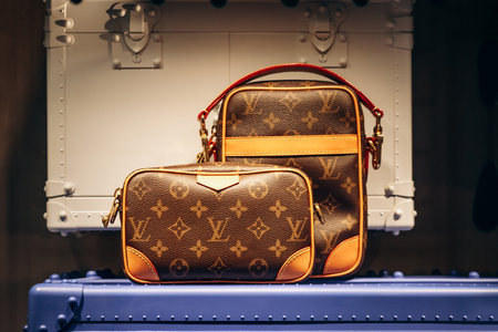 Nice, France - January 26, 2025: Louis Vuitton bags displayed in the window of a boutique in Nice,...