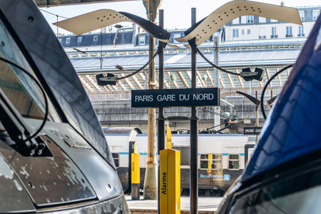 Paris, France - 23 February 2025: Modern double-decker SNCF TGV and TER regional trains at Gare du Nord stationのeditorial素材