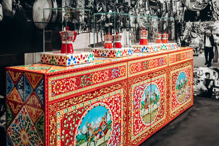 Paris, France - 23 February 2025: Bialetti collaboration with Dolce Gabbana, exhibition at Grand Palais, gathering for the first time the unique creations of the luxury fashion house.のeditorial素材
