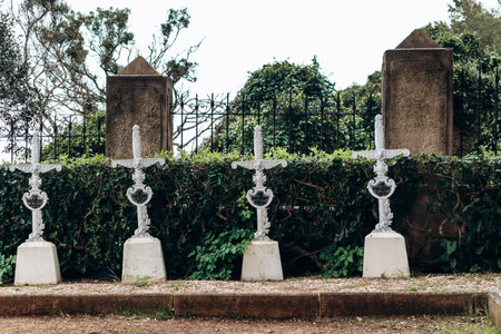 Cannes, France - March 8, 2025: Historic Crimean War cemetery with iron cross-shaped graves on Sainte-Marguerite Islandの写真素材